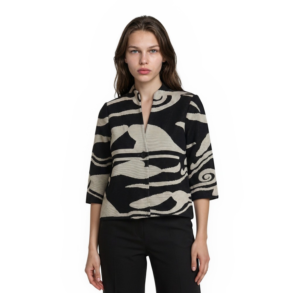 Ming Wang Knit Jacket Womens Size Small Petite Black Beige Abstract Swirl Blazer